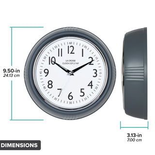 Dimension image in inches and centimeters of the 404-3024DS 9.5-inch Diner Clock – Dark Slate featuring the retro-style dark slate frame in profile, measuring 3.13 inches deep. The 9.50-inch diameter clock has a white dial, chrome bezel, black numerals and minute markings, black metal hands, and a silver second hand.