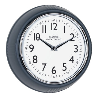 Right-facing image of the 404-3024DS 9.5-inch Diner Clock – Dark Slate. The clock features a retro-style dark slate frame with a white dial, chrome bezel, black numbers and minute markings, black metal hands, and a silver second hand.