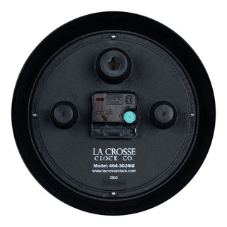 Back image of the 404-3024IB 9.5-inch Diner Clock – Indigo Blue, showing the battery compartment, the silent sweep quartz movement, and the hanging hole.