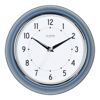 404-3024IB Wall clock with white face and blue casing on a white background