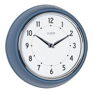404-3024IB Wall clock with blue casing and white face displaying brand name on a white background