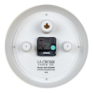 Back image of the 404-3024MY 9.5-inch Diner Clock – Mustard Yellow, showing the battery compartment, the silent sweep quartz movement, and the hanging hole.