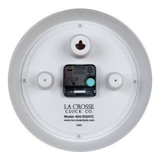 Back image of the 404-3024TC 9.5-inch Diner Clock – Terracotta, showing the battery compartment, the silent sweep quartz movement, and the hanging hole.