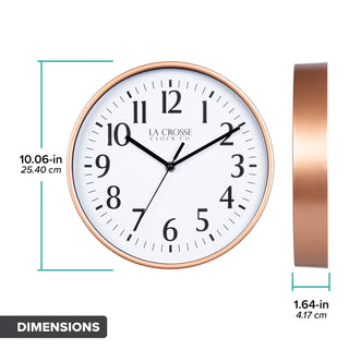 Dimension image of the 10-inch Basic Decor Wall Clock with Copper metallic design frame white dial with black numbers and hour, minute and second hands with dimensions in inches and centimeters