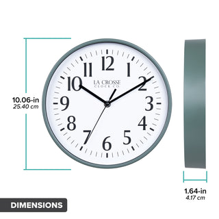 Dimension image of the 10-inch Basic Decor Wall Clock with Green frame white dial with black numbers and hour, minute and second hands with dimensions in inches and centimeters