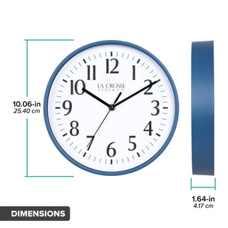 Dimension image of the 10-inch Basic Decor Wall Clock with Navy Blue frame white dial with black numbers and hour, minute and second hands with dimensions in inches and centimeters