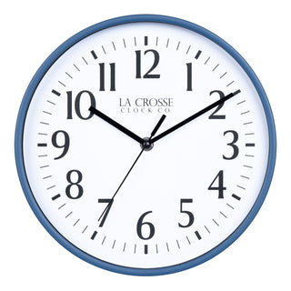 404-3025NB 10-inch Basic Decor Wall Clock with Navy Blue frame, white dial with black numbers and hour, minute, and second hands