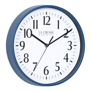 Right facing image of the 404-3025NB 10-inch Basic Decor Wall Clock with a Navy Blue frame, white dial, black numbers, hour, minute, and second hands