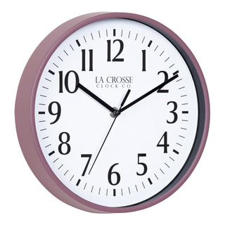 Right facing image of the 404-3025RR 10-inch Basic Decor Wall Clock with a Ruby Red Rose frame, white dial, black numbers, hour, minute, and second hands