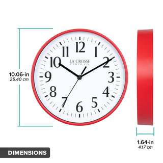 Dimension image of the 10-inch Basic Decor Wall Clock with Red frame white dial with black numbers and hour, minute and second hands with dimensions in inches and centimeters
