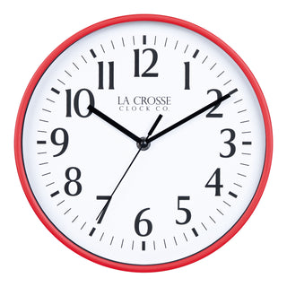 404-3025R 10-inch Basic Decor Wall Clock with Red frame, white dial with black numbers and hour, minute, and second hands