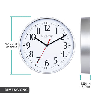 Dimension image of the 10-inch Basic Decor Wall Clock with Silve metallic finish frame, white dial with black numbers and hour, minute and second hands with dimensions in inches and centimeters