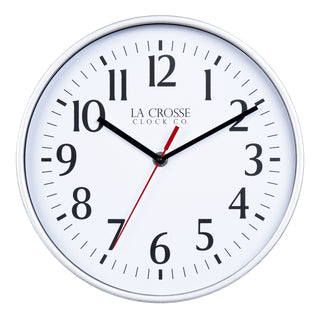 404-3025S 10-inch Basic Decor Wall Clock with a Silver metallic finish frame, white dial with black numbers, hour, and minute hands, and a red second hand
