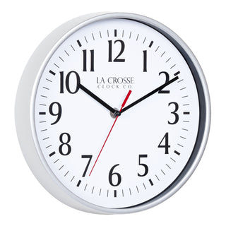 Right facing image of the 404-3025S 10-inch Basic Decor Wall Clock with a Silver frame, white dial, black numbers, hour, and minute hands, with a red second hand