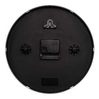 Back image of the 404-3025W 10-inch Basic Decor Wall Clock showing the hanging hole for mounting, easy set time wheel, the Quartz movement with battery compartment
