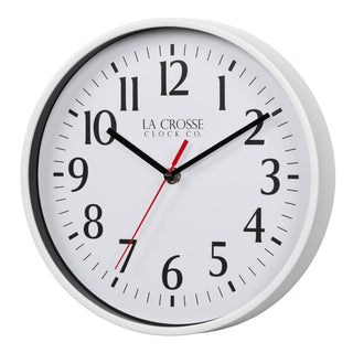 Left facing image of the 404-3025W 10-inch Basic Decor Wall Clock with a White frame, white dial, black numbers, hour, and minute hands, with a red second hand