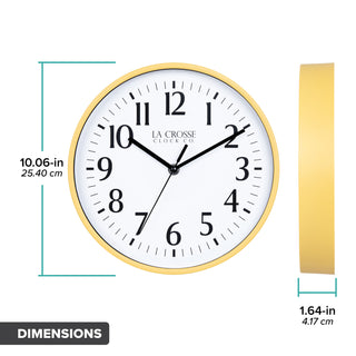 Dimension image of the 10-inch Basic Decor Wall Clock with yellow frame white dial with black numbers and hour, minute and second hands with dimensions in inches and centimeters