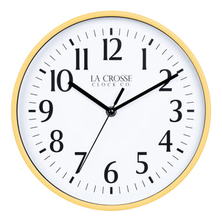 404-3025Y 10-inch Basic Decor Wall Clock with a Yellow frame, white dial with black numbers and hour, minute, and second hands