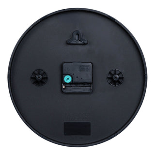 Back image of the 404-3025 10-inch Basic Decor Wall Clock showing the hanging hole for mounting, easy set teal time wheel, the La Crosse Clock Quartz movement with battery compartment