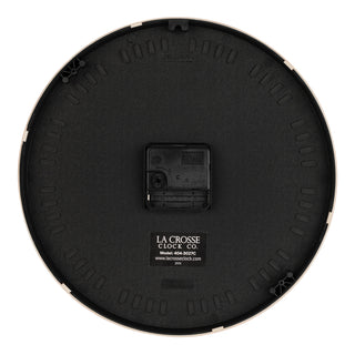 Back image of the 404-3027C Portside eleven inch wall clock showing the battery compartment and a La Crosse Clock quartz movement