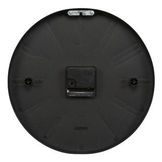 Back of the 404-3028B Cormac 11 inch open face molded dark gray wall clock showing the hanging mechanism and the battery compartment with the La Crosse Clock quartz movement