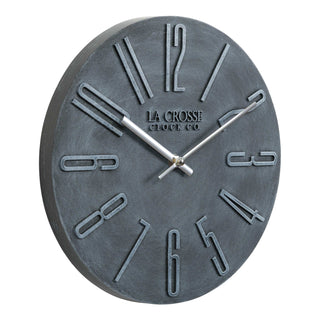 Right facing 404-3028B Cormac 11 inch open face molded dark gray wall clock with numbers in relief and silver metal hour and minute hands