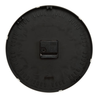 Back image of the 10.8-inch Atwood wall clock showing the battery compartment, quartz movement, and the hanging hole.