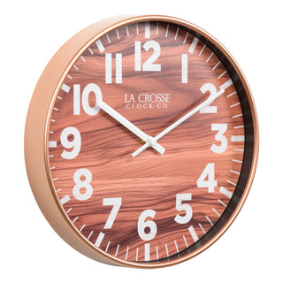 Right-facing image of the 10.8-inch Atwood Wall Clock featuring a copper finish frame, a wood design dial, white numbers, and white metal hour and minute hands.