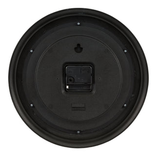 Back image of the 404-3030A 12-inch Gatherings Wall Clock showing the battery compartmetn, quartz movement, and the hanging hole.