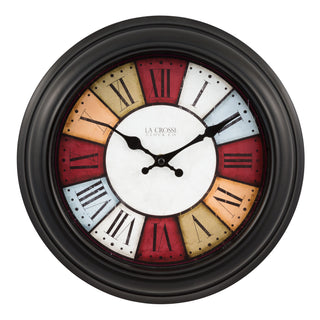 Head-on image of the 404-3030A 12-inch Gatherings Wall Clock featuring a black decorative frame, a multi-color segmented dial with Roman numerals, and black hour and minute hands.