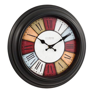 Right-facing image of the 404-3030A 12-inch Gatherings Wall Clock featuring a black decorative frame, a multi-color segmented dial with Roman numerals, and black hour and minute hands.