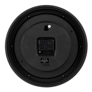Back image of the 404-3030W 12-inch Wynn Wall Clock showing the battery compartment, the quartz movement, and the hanging hole.