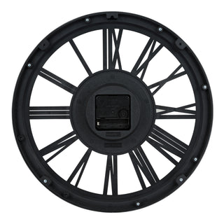 Back image of the 404-3033 13-inch Oxford Wall Clock showing the battery compartment, the quartz movement, and the hanging hole.