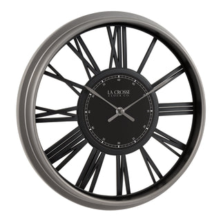 Right-facing image of the 404-3033 13-inch Oxford Wall Clock featuring a dark gray outer frame, black Roman numerals, a minute track, silver hands, and a black central dial featuring the brand name 'LA CROSSE CLOCK CO'.