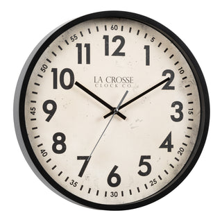 Right-facing image of the 404-3036B 14-inch Ellis Wall Clock, featuring a black frame, an ivory dial, black Arabic numerals, black hour and minute hands, and a silver second hand. The brand name 'LA CROSSE CLOCK CO' is printed in black near the center.