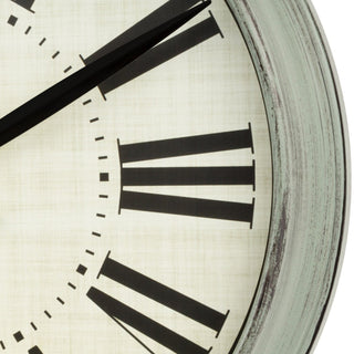 Close-up image of the frame detail of the 404-3036G 14-inch Sagebrook Wall Clock featuring a sage green distressed decorative frame, an ivory linen design dial, bold black Roman numerals, and decorative black metal hands.
