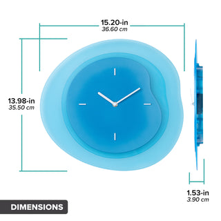 Dimension image in inches and centimeters of the 404-3039BL 15.2-inch Drift Wall Clock – Blue, featuring the multi-layer drifting contours of the clock measuring 13.98 in tall and 15.20 in wide at their largest points. The second image is in profile and shows the clock's depth to be 1.53 inches.