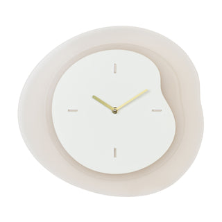 Head-on image of the 404-3039T 15.2-inch Drift Wall Clock – Tan. The clock features an open face multi-layered design with drifting contours, metal hands, and raised number markings in a brass finish.