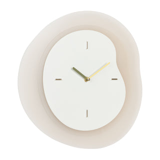 Right-facing image of the 404-3039T 15.2-inch Drift Wall Clock – Tan. The clock features an open face multi-layered design with drifting contours, metal hands, and raised number markings in a brass finish.