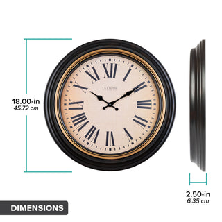 Orthographic image of the 404-3045BK 18-inch Traditions Wall clock featuring a dark decorative frame with bronze bezel surrounding a linen detailed dial with black Roman numerals and me-inch diameter in text and the 2.5-inch depth of the clock in profile