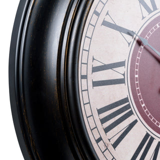 Close-up image of the frame of the Head-on image of the 404-3045B 18-inch Barton Wall Clock. The clock features a parchment-inspired dial with a burgundy red center surrounded by black Roman numerals in a decorative dark espresso brown frame.