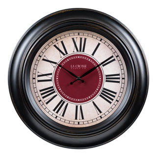Head-on image of the 404-3045B 18-inch Barton Wall Clock featuring a parchment-inspired dial with a burgundy red center surrounded by black Roman numerals in a decorative dark espresso brown frame.