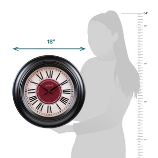 Dimension image of the 404-3045B 18-inch Barton Wall Clock featuring a parchment-inspired dial with a burgundy red center surrounded by black Roman numerals in a decorative dark espresso brown frame.