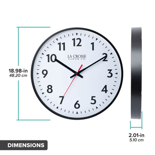 Dimensions of a 19-inch commercial wall clock showing diameter and the depth of the clock with a white dial black numbers black hour and minutes hands a a red second hand.