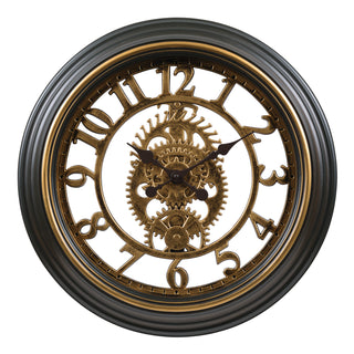 A round wall clock with a dark charcoal gray ribbed frame, featuring a bronze and gold-toned central gear mechanism and matching numerals on a white background.