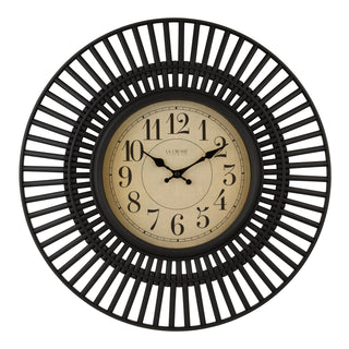 Head-on image of the 404-3051 20-inch Covington Wall Clock with a linear cutout designed dark frame surrounding a parchment paper dial with decorative Arabic numbers