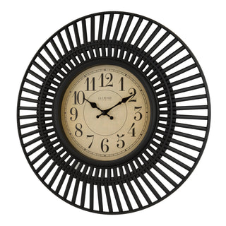 Left facing view of the 404-3051 20-inch Covington Wall Clock with a linear cutout designed dark frame surrounding a parchment paper dial with decorative Arabic numbers
