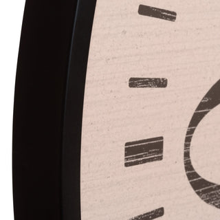 404-3053 Close-up detail of a wall clock showing a light beige wood grain face with black distressed markings and a black frame.