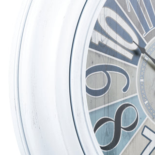 404-3056 Close-up of a distressed white wall clock showing part of the face with large gray and light blue numbers and black hands.