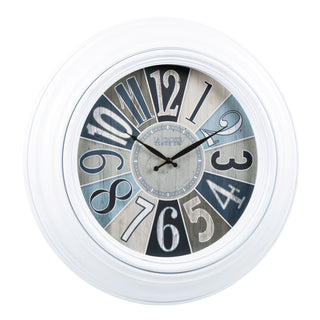 Right-facing image of the 404-3056 22-inch Lakeside Wall Clock featuring a segmented dial in shades of blue and gray, decorative black metal hands, and a distressed white frame.